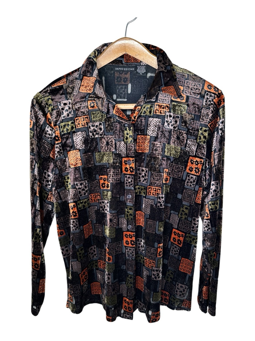 Vintage Y2K Velvet Burnout Top Size XL Long Sleeve Funky Patchwork Floral